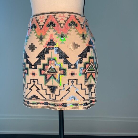 Express Women's Aztec Tribal Sequined Mini Skirt, Size XS - Picture 2 of 5